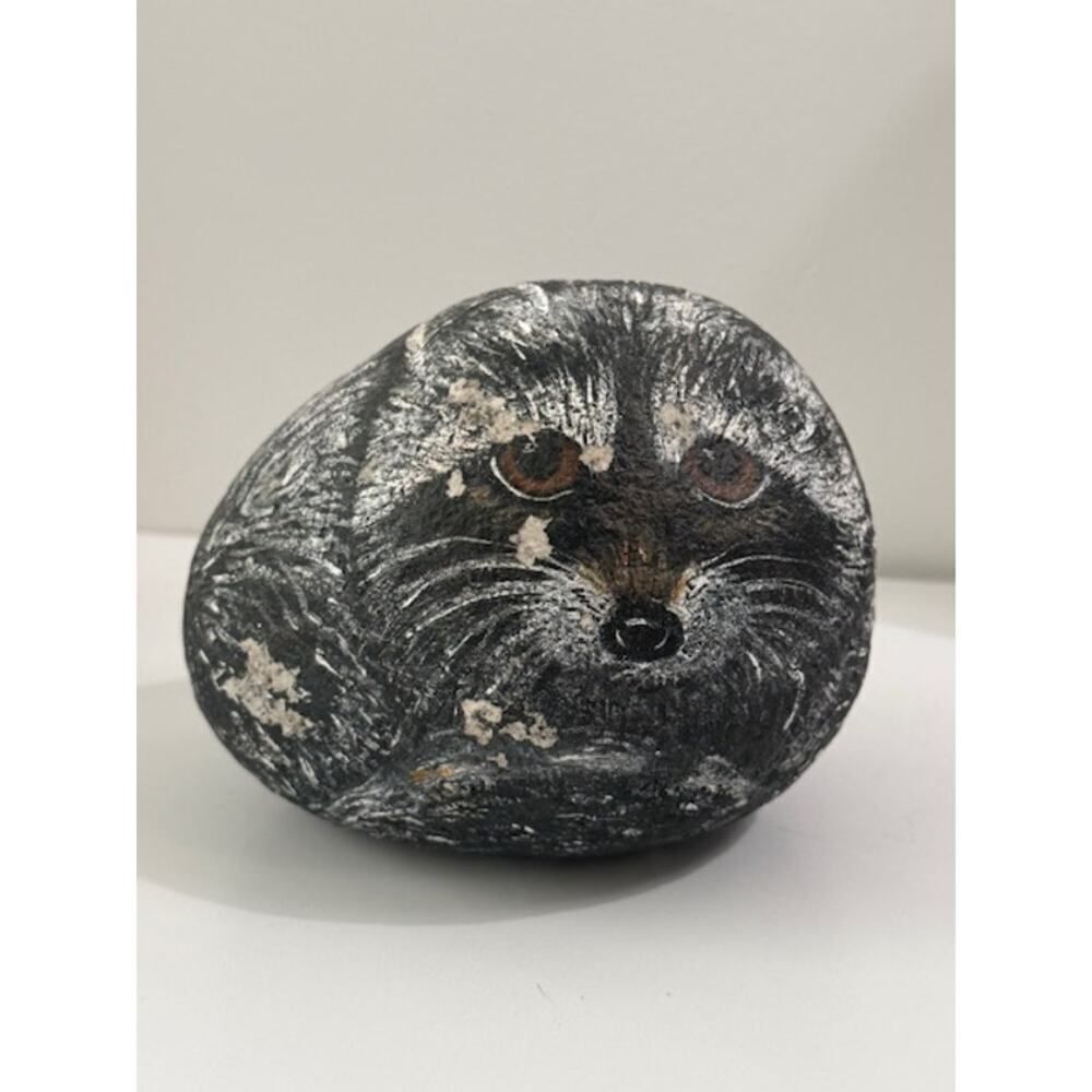 Vintage Raccoon Hand Painted On Rock Stone Signed